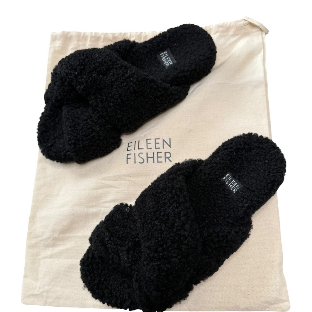 Eileen Fisher Sandals Womens 6 Dello Shearling Slides Black Sherpa Hard Soles